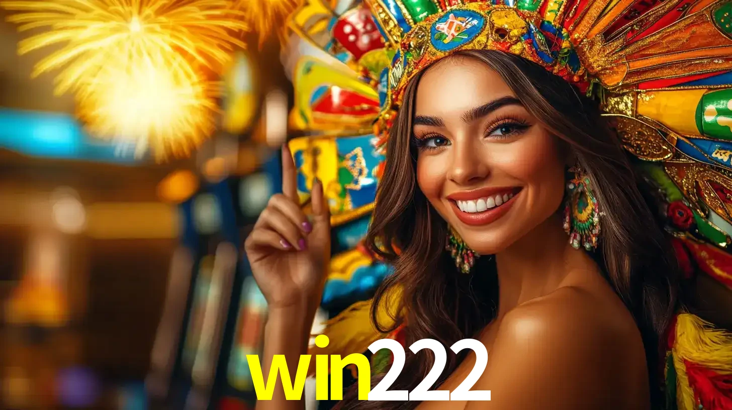 Mulher sorridente com um cocar de carnaval vibrante e colorido, celebrando uma grande vitória nos jogos do cassino win222 com fogos de artifício ao fundo.