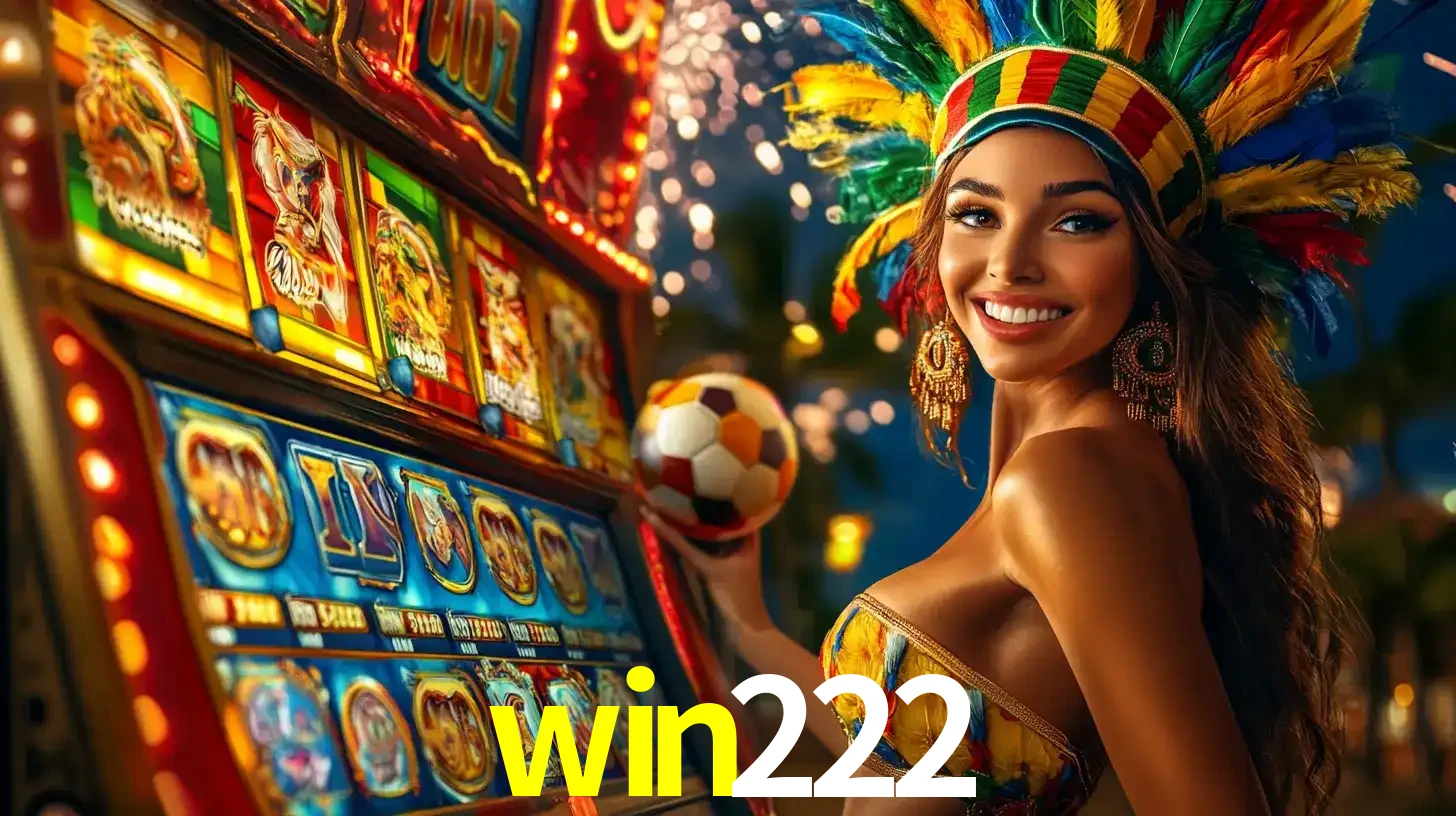 Mulher com um cocar de carnaval ao lado de uma máquina de caça-níqueis enquanto segura uma bola de futebol, mostrando a união da diversão de cassino e esportes no win222.