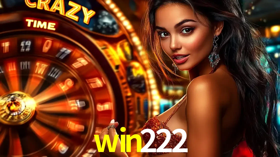 Mulher ao lado da roda de prêmios do jogo de cassino ao vivo Crazy Time, um dos shows de jogos mais emocionantes oferecidos pela plataforma de apostas win222.