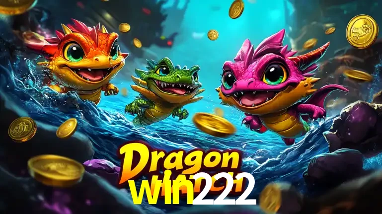 Arte promocional do jogo Dragon Hatch com três adoráveis dragões bebês nadando entre moedas de ouro, um dos slots mais divertidos para jogar no cassino win222.