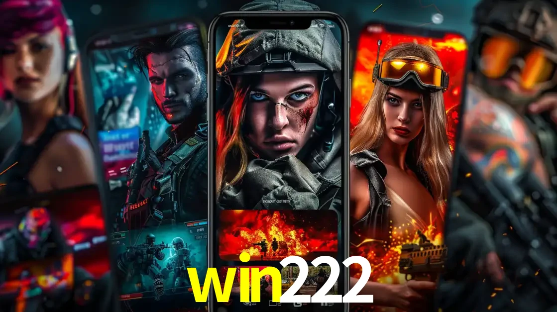 Montagem de telas de celular mostrando diversos personagens, masculinos e femininos, de um jogo de tiro, ilustrando a diversidade de equipes de e-sports para apostar no win222.