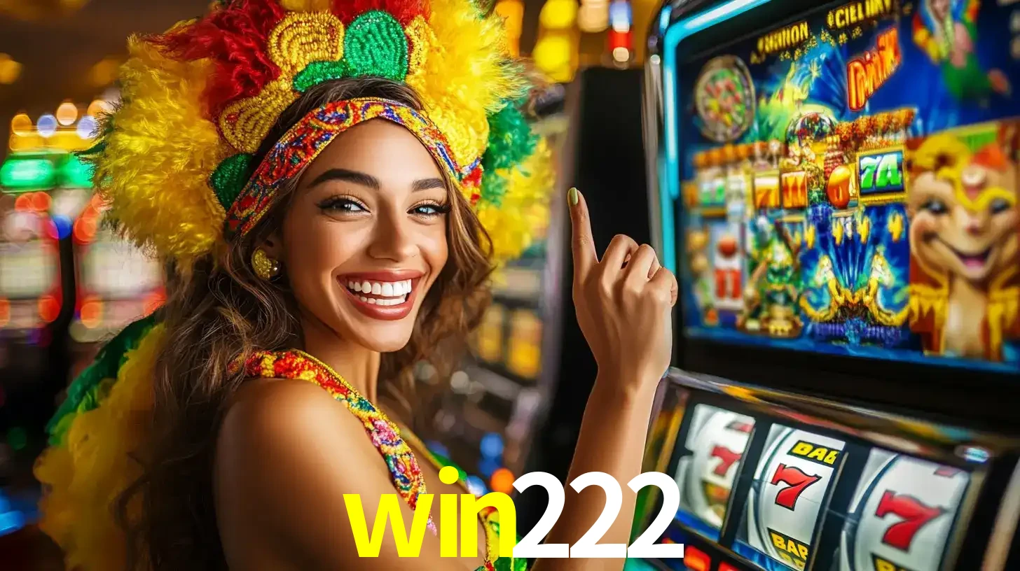 Mulher animada com um cocar de carnaval apontando para uma máquina de caça-níqueis, mostrando a emoção de ganhar um grande prêmio nos jogos do win222.