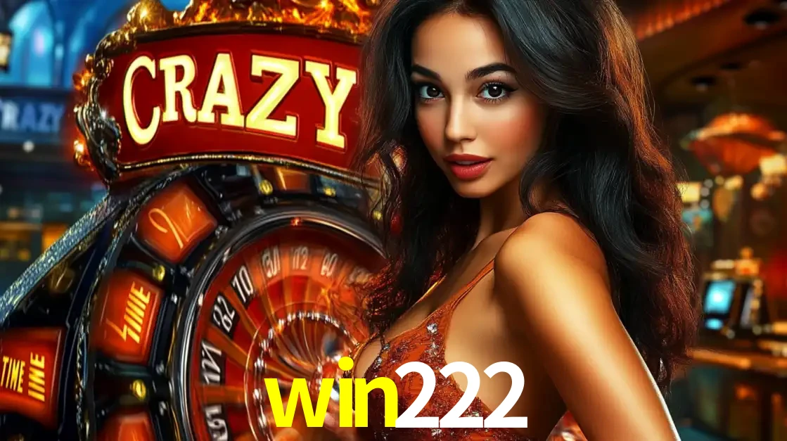 Mulher glamourosa olhando para a câmera com a roda vermelha do Crazy Time ao fundo em um ambiente de cassino, destacando a emoção dos jogos ao vivo no win222.