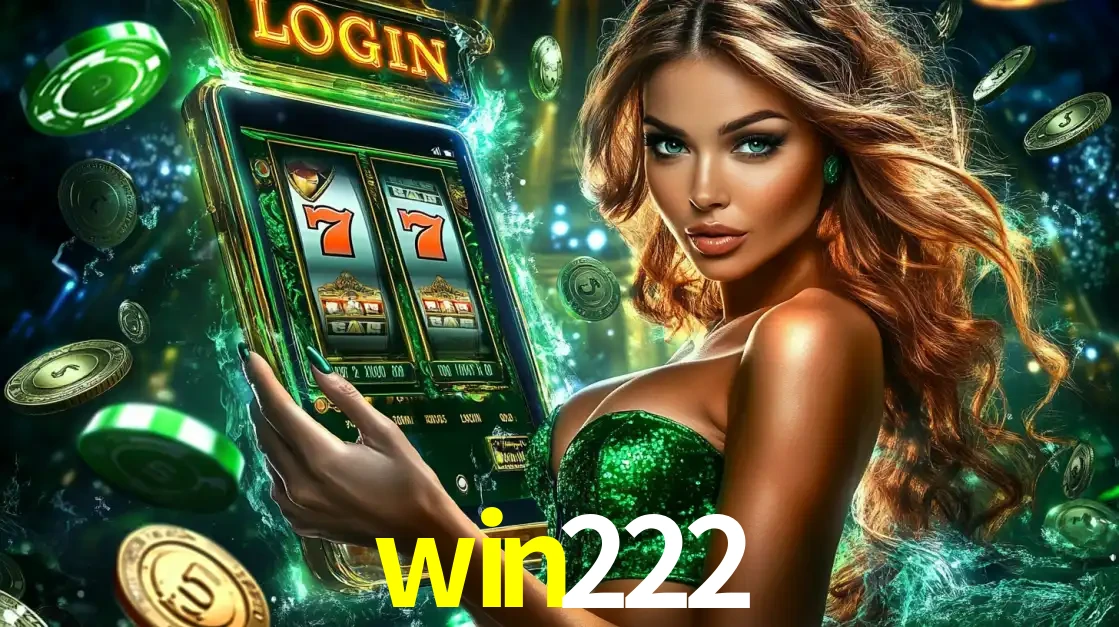 Mulher com tema verde apresentando o aplicativo do cassino win222 com um jogo de slot de 777, cercada por fichas de cassino e uma aura de sorte.