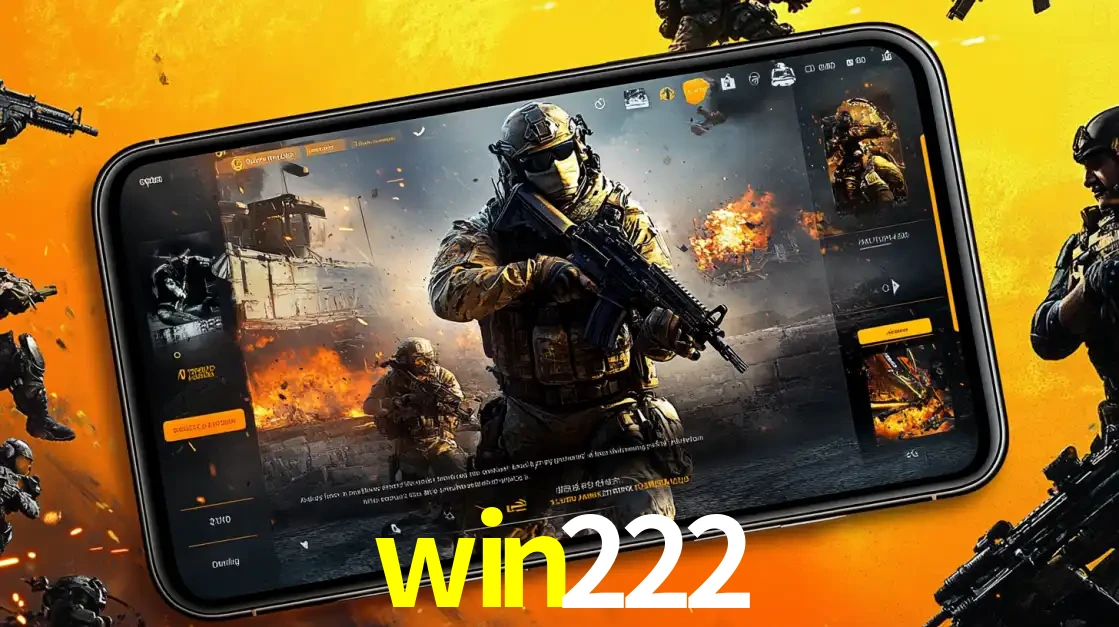 Um smartphone exibindo a interface de um jogo de tiro em primeira pessoa, com um soldado em um cenário de batalha, representando a ação dos e-sports para apostar no win222.