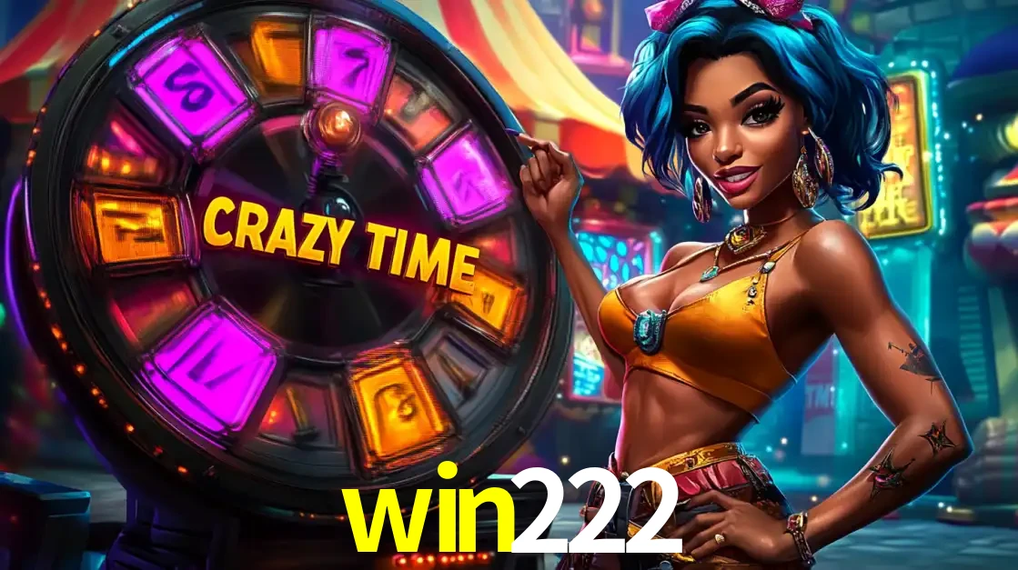 Mulher estilizada com cabelo azul e visual vibrante posando ao lado da roda de prêmios do game show Crazy Time, convidando para a diversão e os bônus do cassino win222.