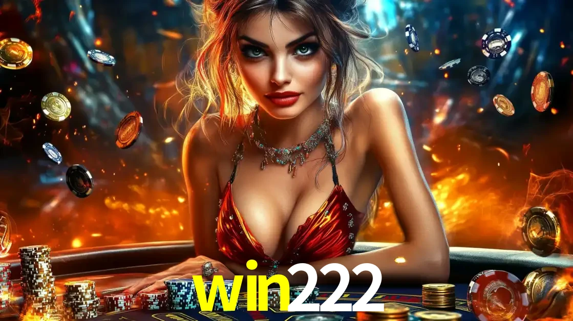 Mulher em uma mesa de cassino com pilhas de fichas e um fundo de fogo, pronta para uma rodada de altas apostas nos jogos de mesa emocionantes do cassino win222.