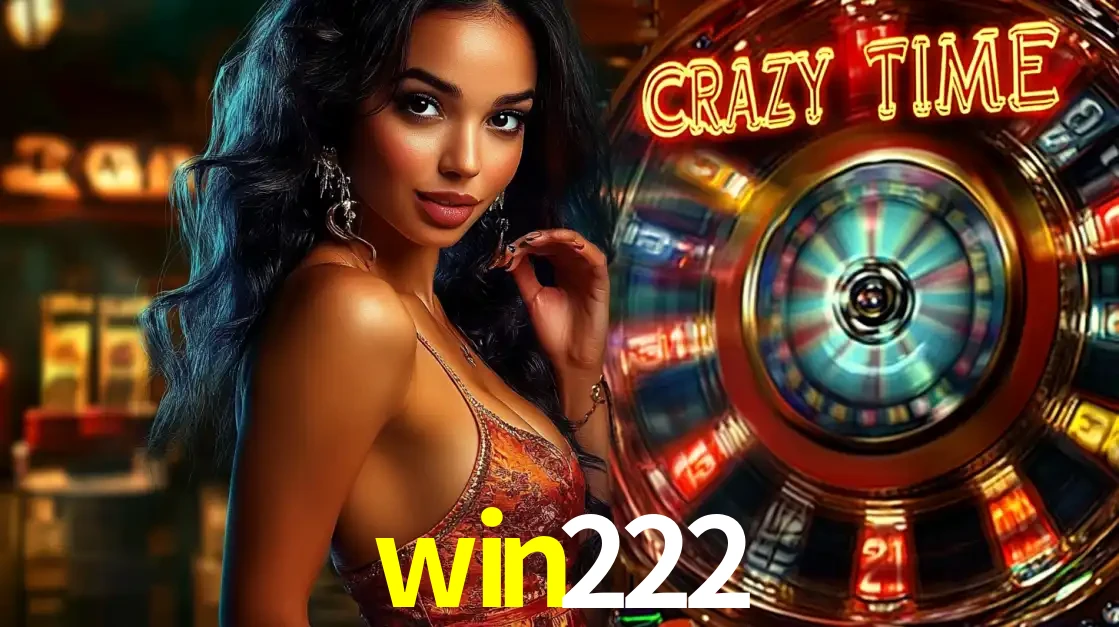 Mulher elegante ao lado da vibrante roda da fortuna do jogo de cassino ao vivo Crazy Time, um dos game shows mais populares e cheios de prêmios do win222.