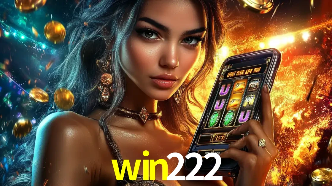 Mulher elegante mostrando um jogo de caça-níqueis em seu smartphone, destacando a experiência de cassino móvel oferecida pelo aplicativo win222.