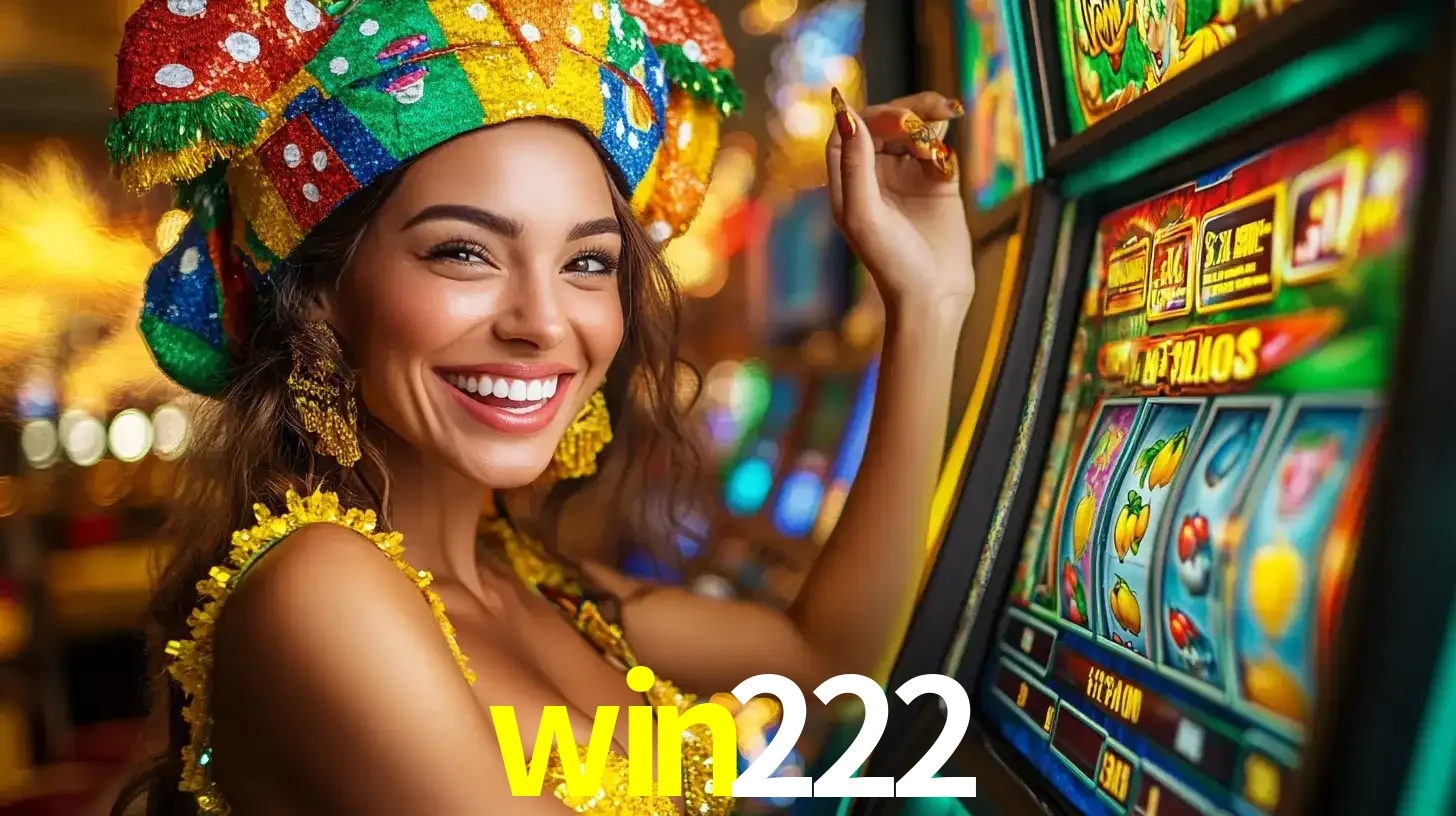 Mulher feliz com traje de carnaval amarelo e colorido ao lado de uma máquina de caça-níqueis, aproveitando a diversão e os jogos temáticos do cassino win222.