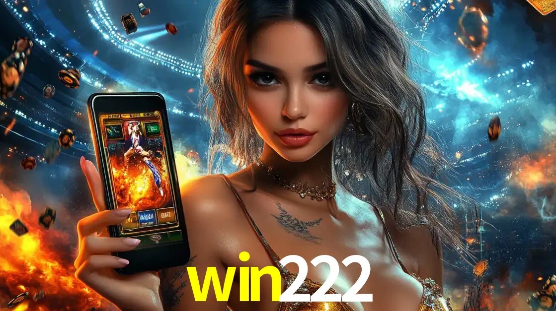 Mulher segurando um celular com um jogo de slot em destaque, tendo como fundo um estádio vibrante, simbolizando a emoção de jogar no cassino móvel win222.