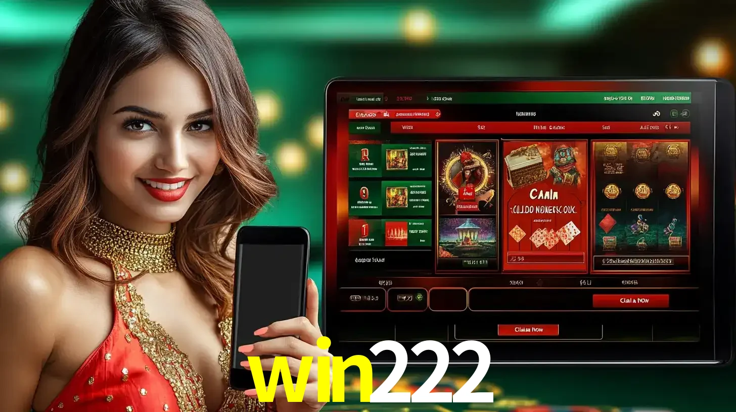 Mulher sorridente segurando um smartphone, ao lado de uma tela exibindo o lobby de jogos do cassino online win222, com várias opções de jogos de cartas e slots.